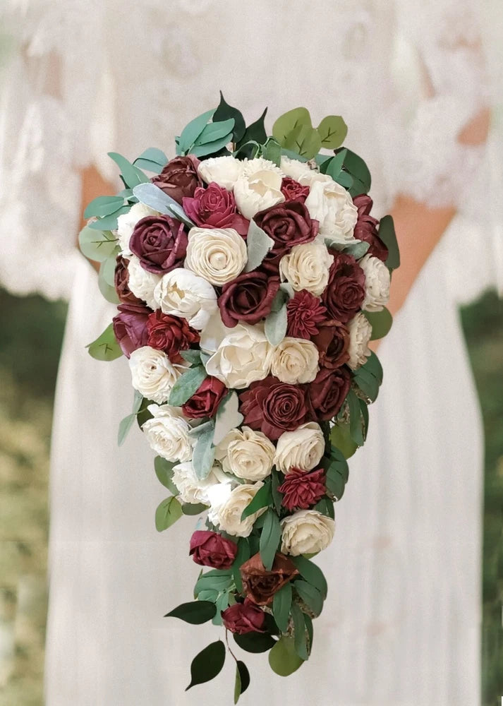 Burgundy Ivory White Bridal Bouquet Sola Wood Cascade Artificial Wedding Flowers Bouquet
