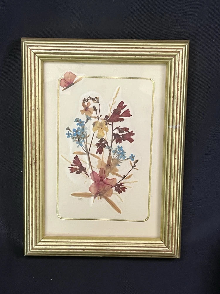 Vintage dried pressed flower art in ornate gold frame with botanical color arrangement