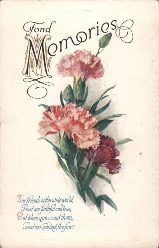 Vintage greeting card with pink carnation bouquet and small friendship poem text