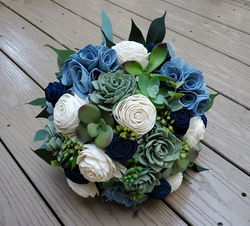 Dusty Blue Sage Navy Sola Wood Succulent Bridal Bouquet White Wedding Flowers Bouquet