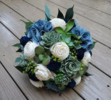 Dusty Blue Sage Navy Sola Wood Succulent Bridal Bouquet White Wedding Flowers Bouquet