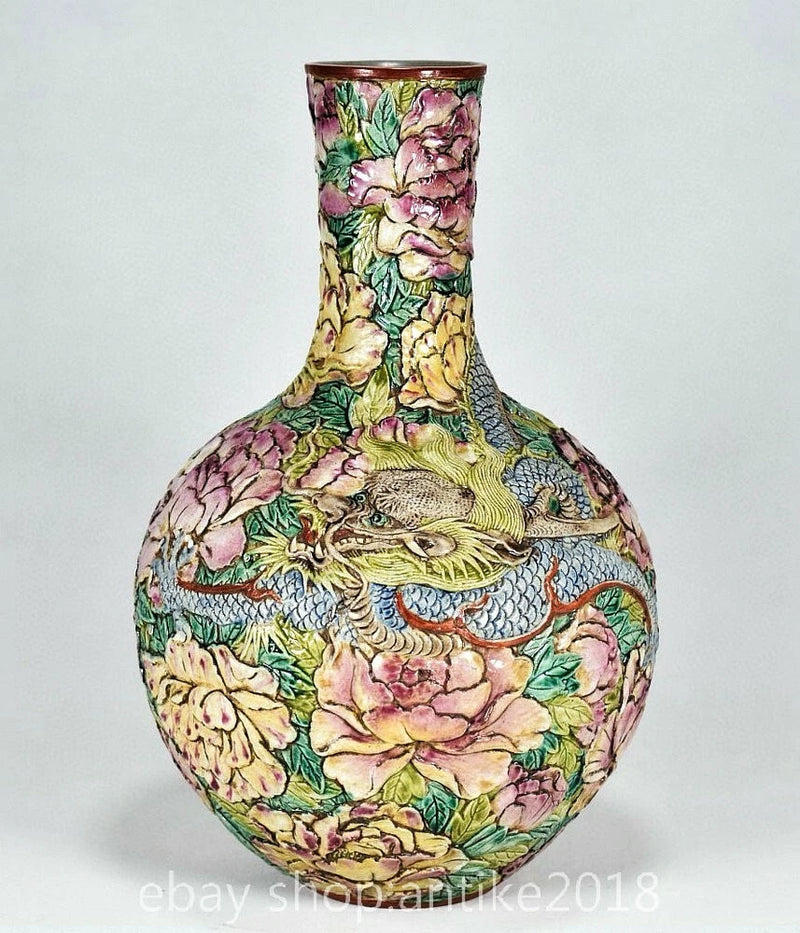 Multicolor porcelain peony flower vase with dragon medallion, rounded bottle shape.