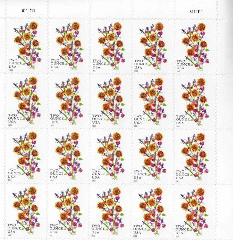 Sheet of 20 two-ounce First Class sunflower bouquet postage stamps, perforated