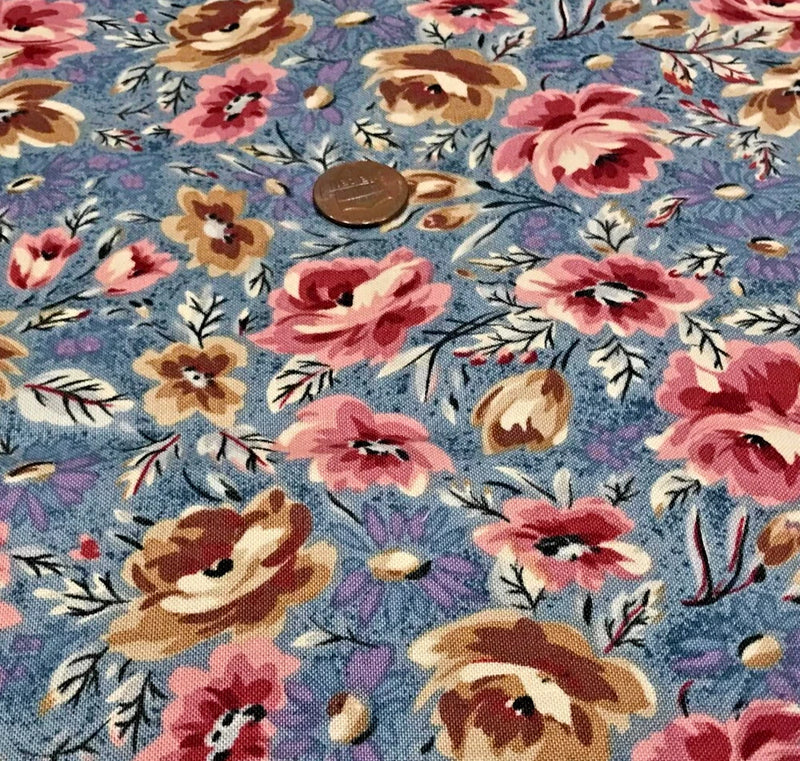 Flowers & Leaves Floating on Blue * Northcott * 100% Cotton Remnant * 8" x 21" Flowering Plants