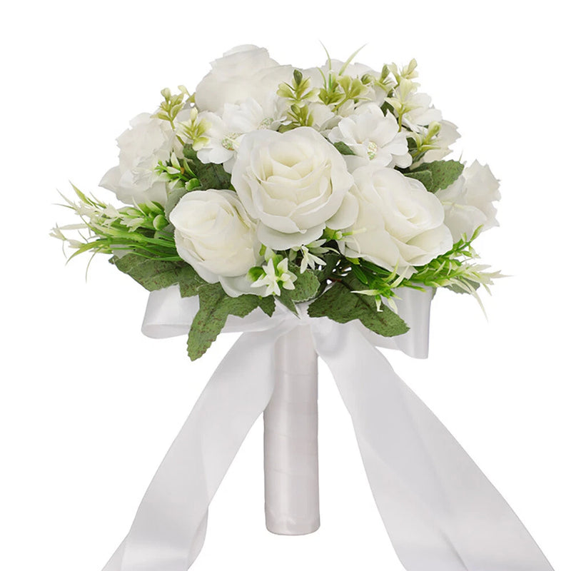 Artificial bridal hand bouquet with white roses, green leaves, and flowing white ribbon