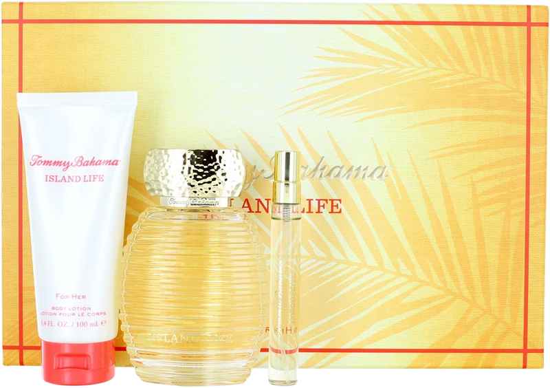 Tommy Bahama Island Life gift set: spray bottle, mini spray, body lotion tube