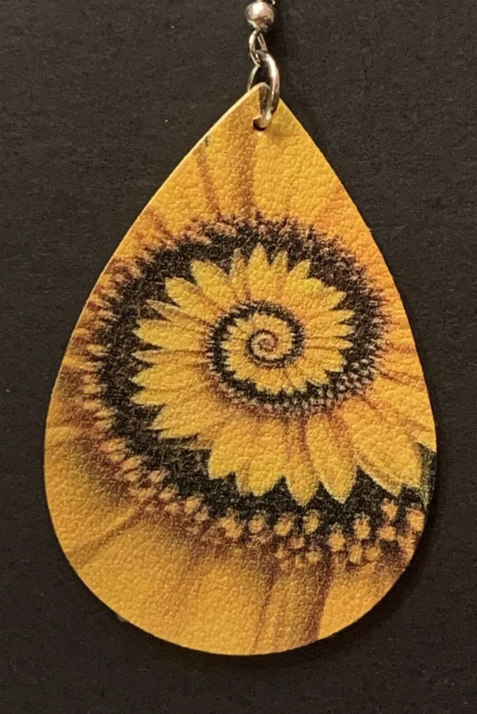Sunflower teardrop dangle earring with yellow tie-dye fabric print and gold-toned hook