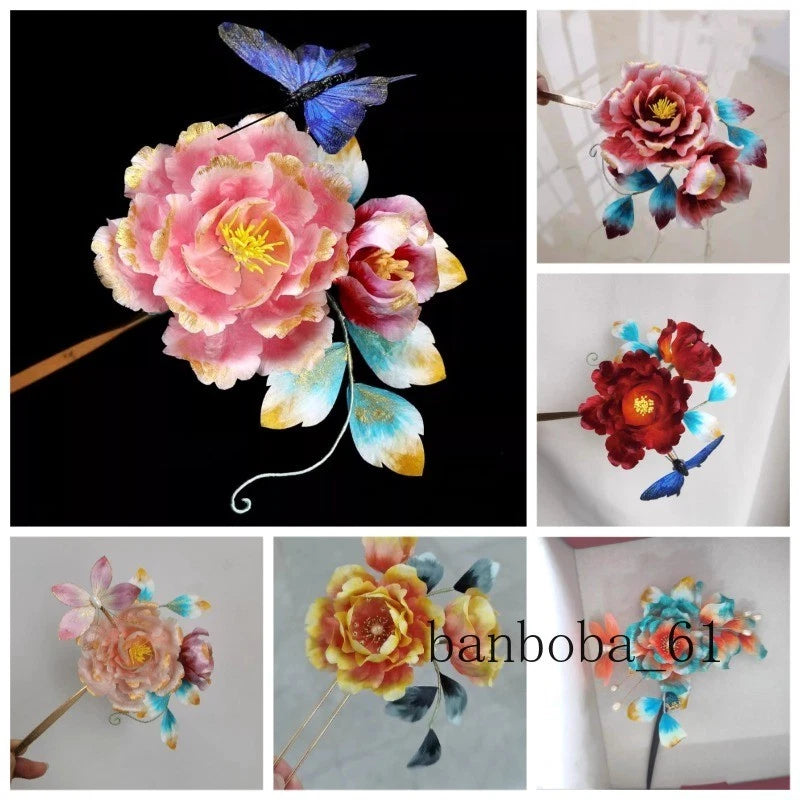 Handmade velvet peony hairpin with pink flowers and blue butterfly accents