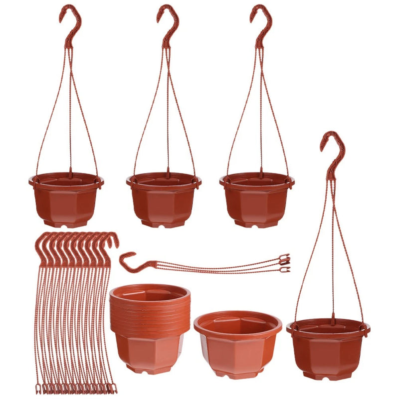 Terracotta plastic hanging flower pot set with hooks, multiple planters and wire stands