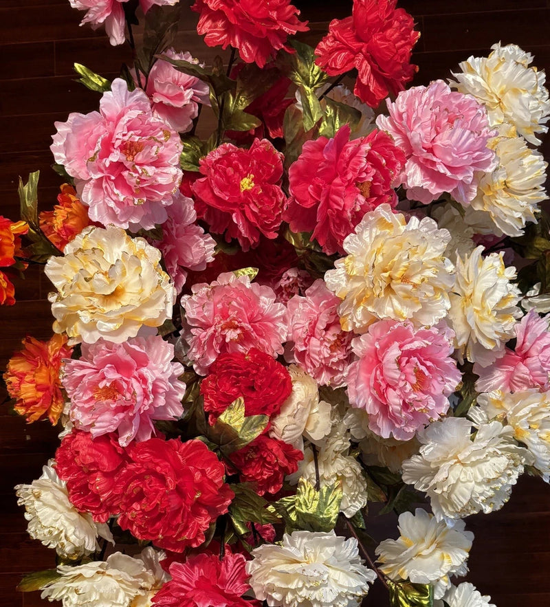 Artificial silk peony bouquet with pink, red, and white layered blossoms