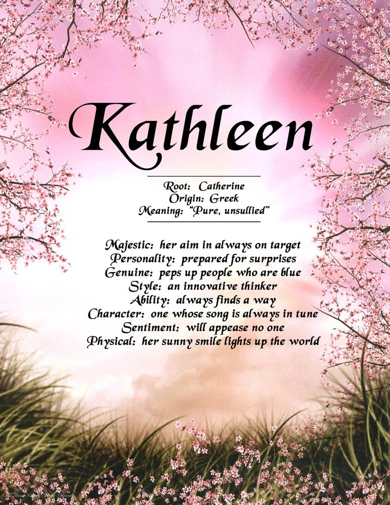 Personalized name meaning print for Kathleen with cherry blossom floral design