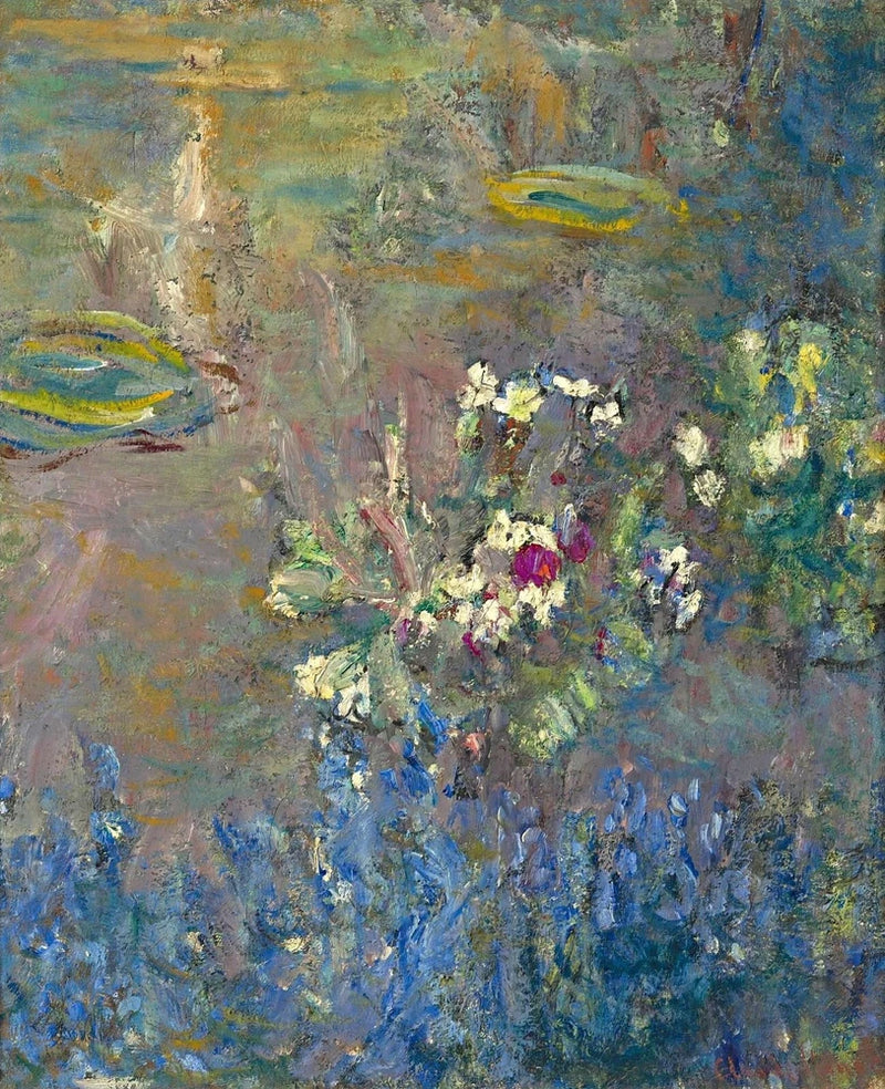 Floral canvas print of water lilies with blue-green pond and pink blossoms
