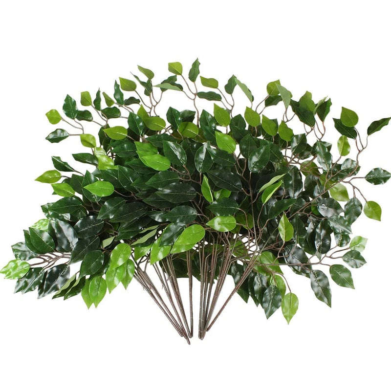 Set of artificial ficus leaf branches with green leaves and thin stems, 12 pieces