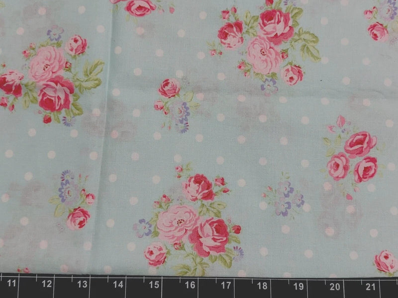 Tina Scrap 9"x21" Aqua Floral Flower Spring Rose Easter Polka Dots Cotton Fabric Flowering Plants