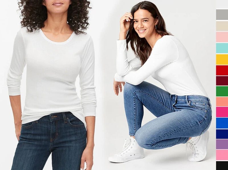 Women's long-sleeve crew-neck cotton T-shirt, white knit top