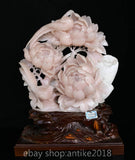 18" China Natural Pink Xiu Jade Carved Fengshui Peony Flower Magpie Bird Statue Peony