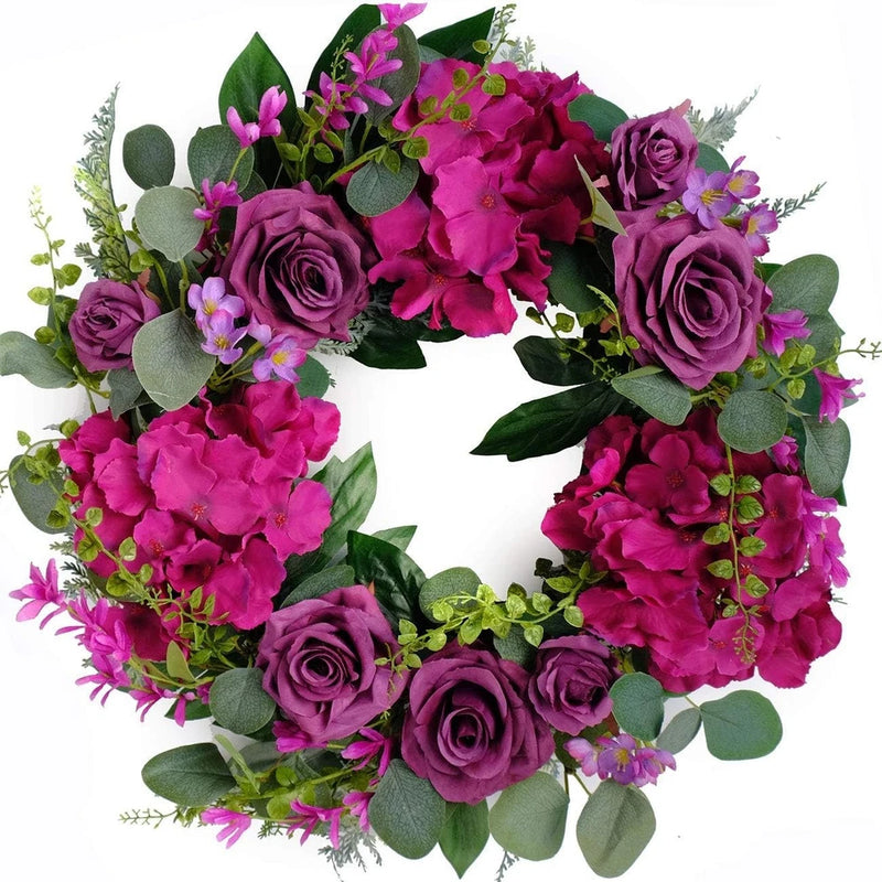 Bibelot Artificial Purple Rose Wreaths 20 inches Front Door Wreath with Hydrange Hydrangea