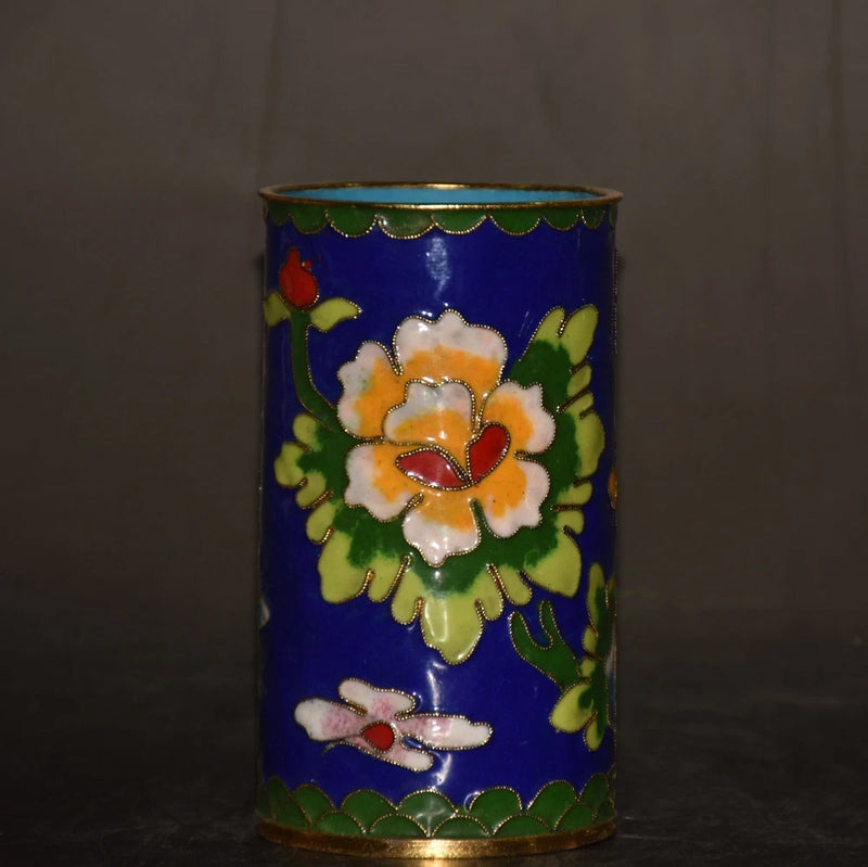 Blue enamel peony flower pen holder with copper-toned metal rim and scalloped edge