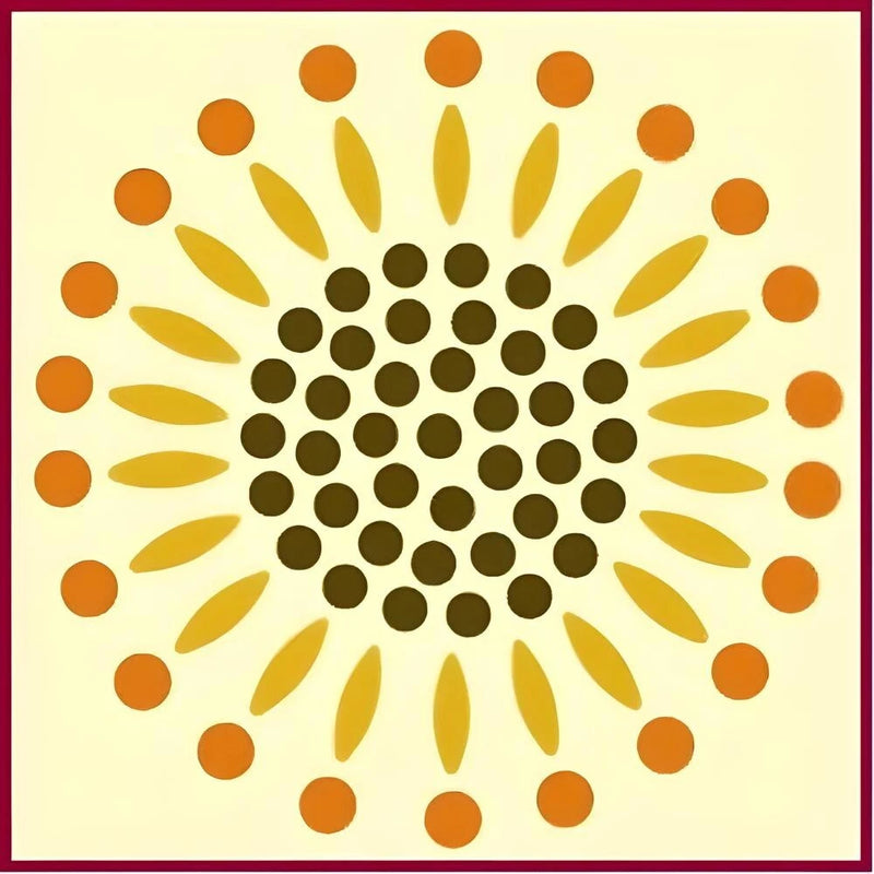Sunflower stencil with circular center dots and petal shapes, DIY craft template.