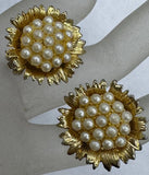 VINTAGE ESTATE GOLD TONE FAUX PEARL CLUSTER SUNFLOWER FLOWER EARRINGS Sunflower