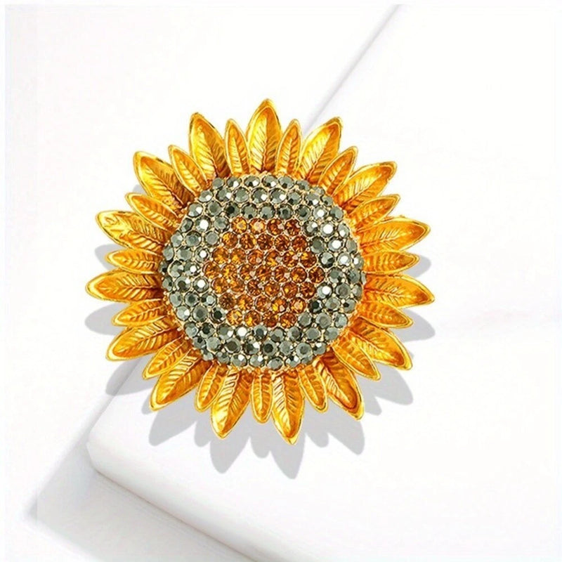 Gold Sunflower Brooch Elegant Inlaid Rhinestone Floral Lapel Pin Jewellery Gift Sunflower