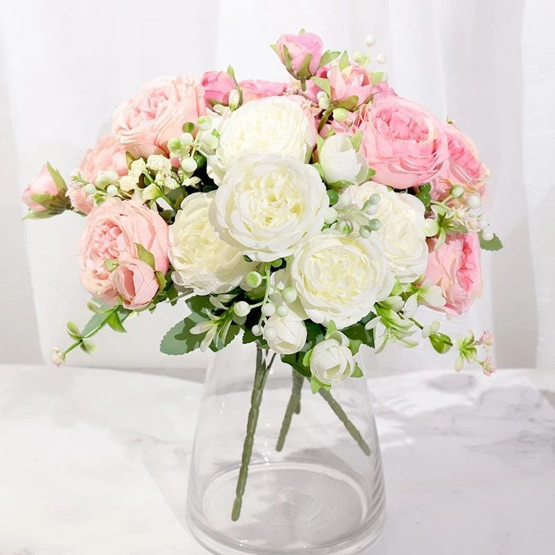 Artificial peony and rose bouquet with pink and white blooms and small green filler