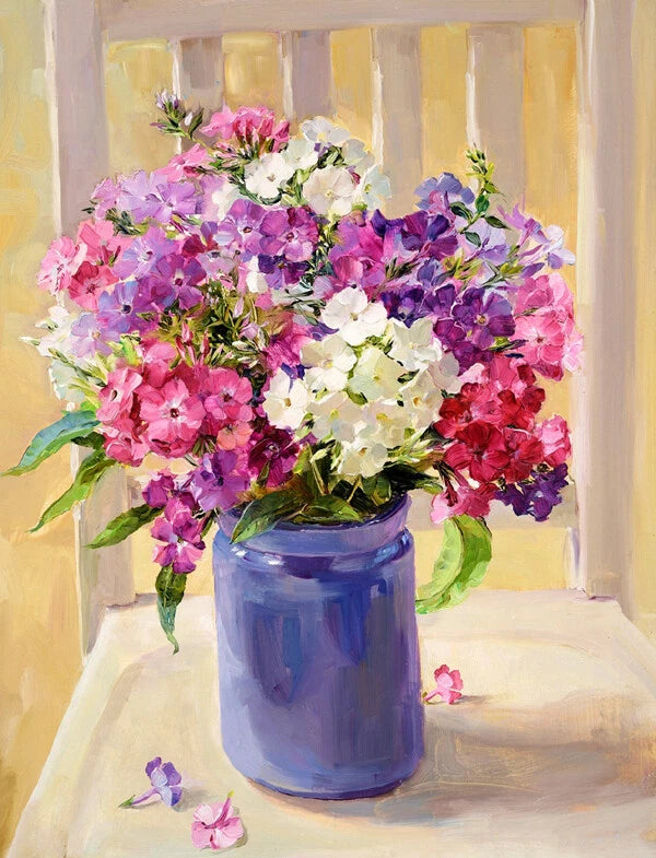 Colorful flower bouquet canvas art with pink, purple, and white blooms in a blue vase
