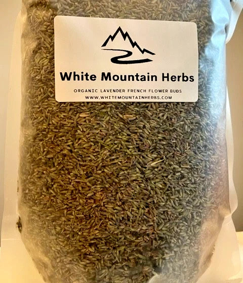 Dried lavender flower buds in clear bag with White Mountain Herbs label