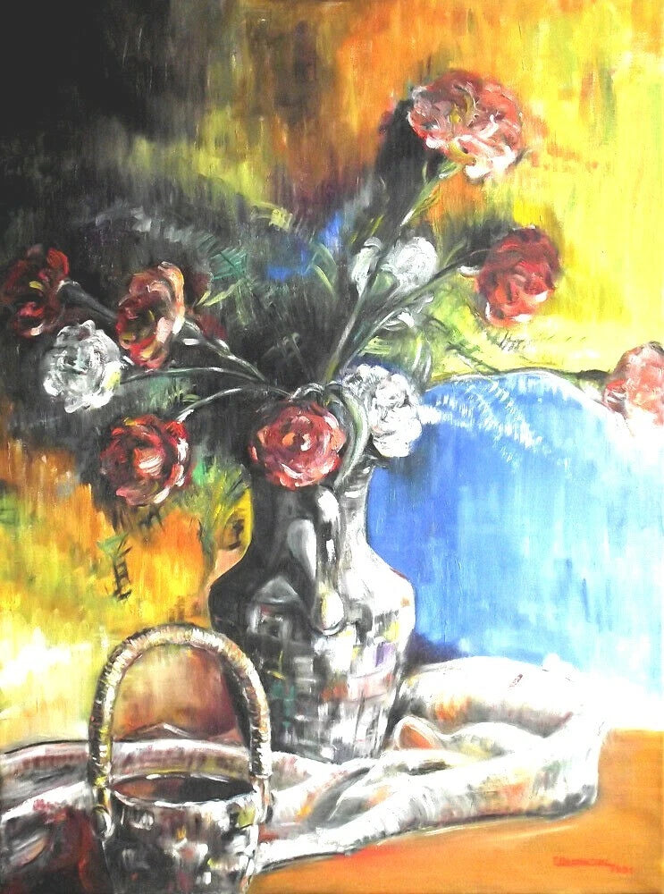 Carnations in a vase painting with red and white flowers and a blue vase.