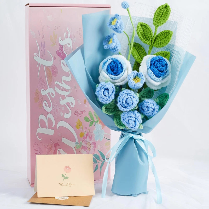 LAIDANLA crochet flower bouquet with blue roses and green leaves, tied with light blue ribbon
