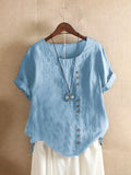 Summer Womens Cotton Linen Tunic Blouse Tops Short Sleeve Shirt Casual Roses