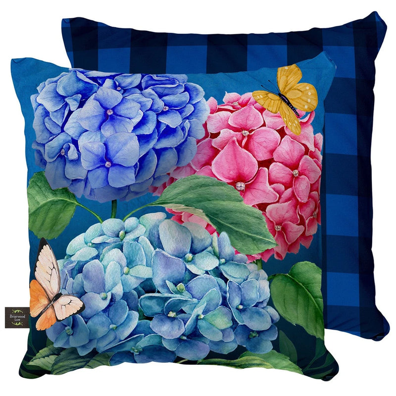 Hydrangea throw pillow with blue plaid backing, large blue and pink hydrangeas, butterfly