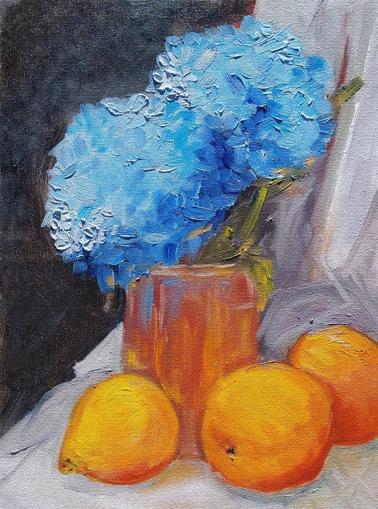 Oil original painting on canvas size 12x9 inches Blue hydrangea Hydrangea