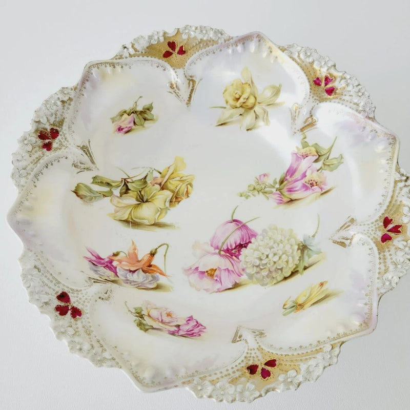 Antique White RS Prussia Floral Bowl Satin Finish Daffodils Fuchsia Hydrangea Hydrangea