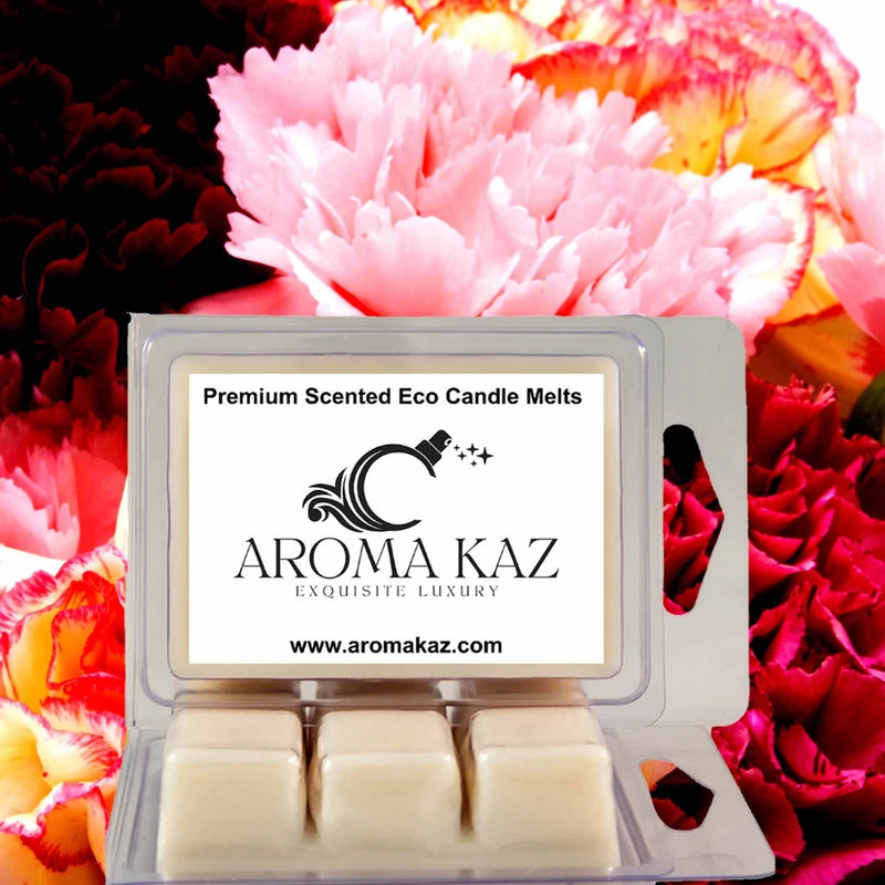 Soy wax melt clam shell pack with four pale wax cubes, floral scent label