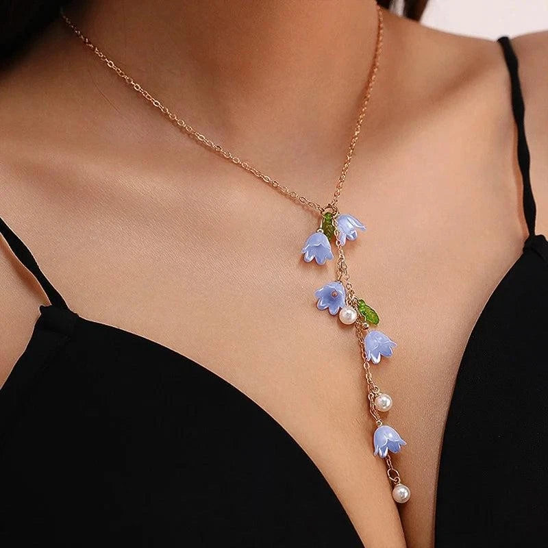 Tassel Valley Vintage Y-Shaped Lily Flower Pearl Pendant Necklace for Women Lily