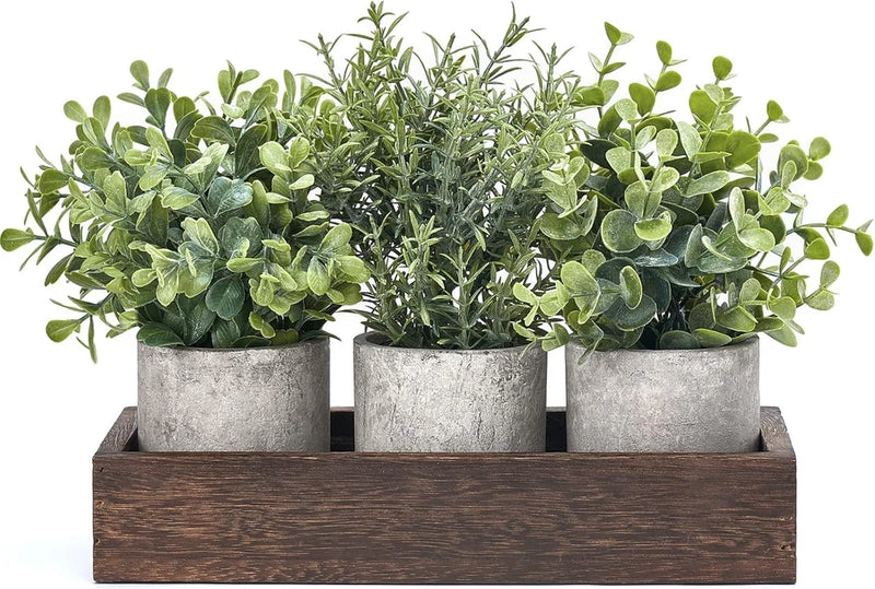 Mini Potted Artificial Eucalyptus Plants With Wood Tray Home Decor Green Plant