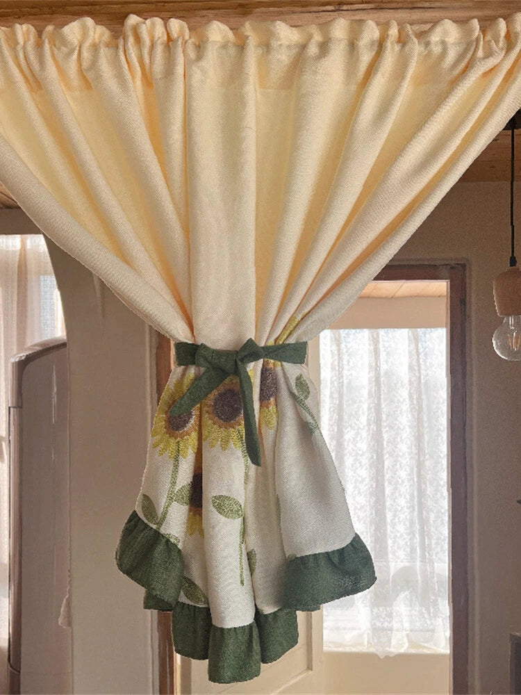 Sunflower cafe window curtain valance with green-and-yellow floral print and tie-up center