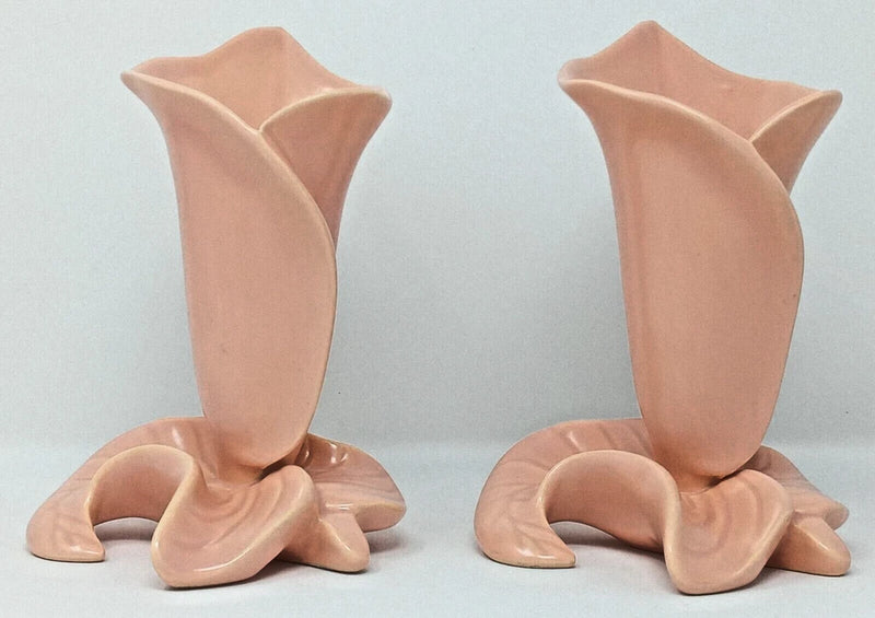 Pair of pink ceramic calla lily vases, sculpted petals with curved openings, set of 2