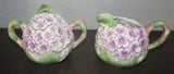 Rare Hydrangea Raised Violet Flowers & Green Leaves Sugar Bowl & Creamer Japan Hydrangea