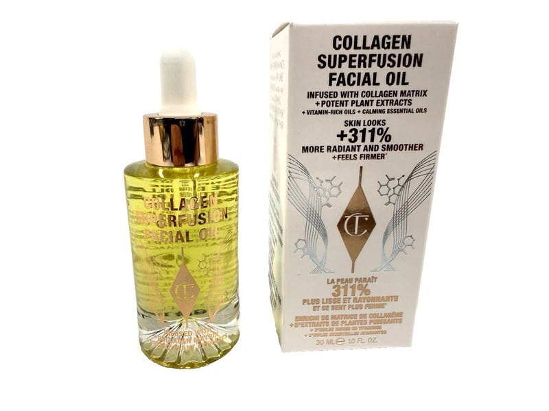 CHARLOTTE TILBURY Collagen Superfusion facial oil in glass bottle with gold cap, plus box