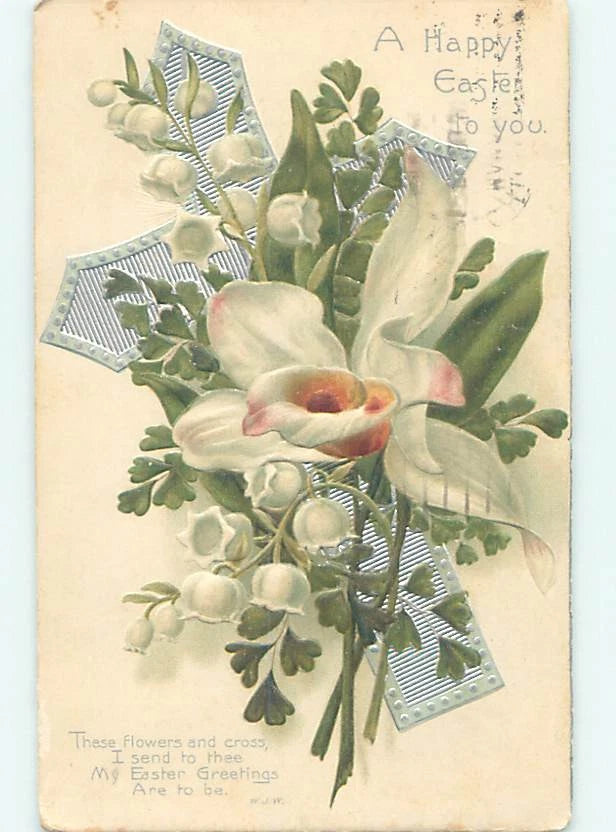 Easter greeting card with lily flowers and Jesus cross illustration