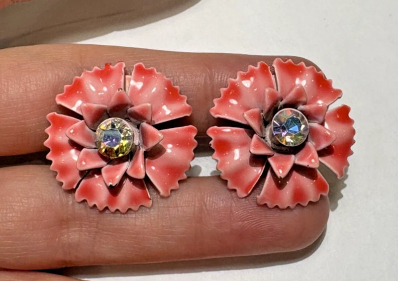 Vintage 1960's Red Pink Enamel AB Rhinestones Carnation Flower Clip on Earrings Carnation