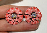 Vintage 1960's Red Pink Enamel AB Rhinestones Carnation Flower Clip on Earrings Carnation