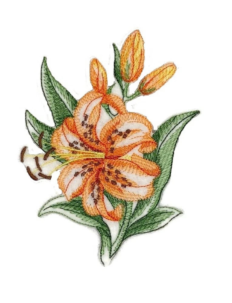 Embroidered tiger lily iron-on patch with orange flowers and green leaves