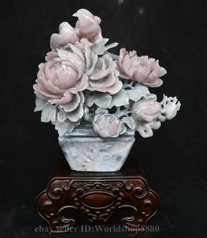 Pink and white peony flower jade carving in a decorative square planter