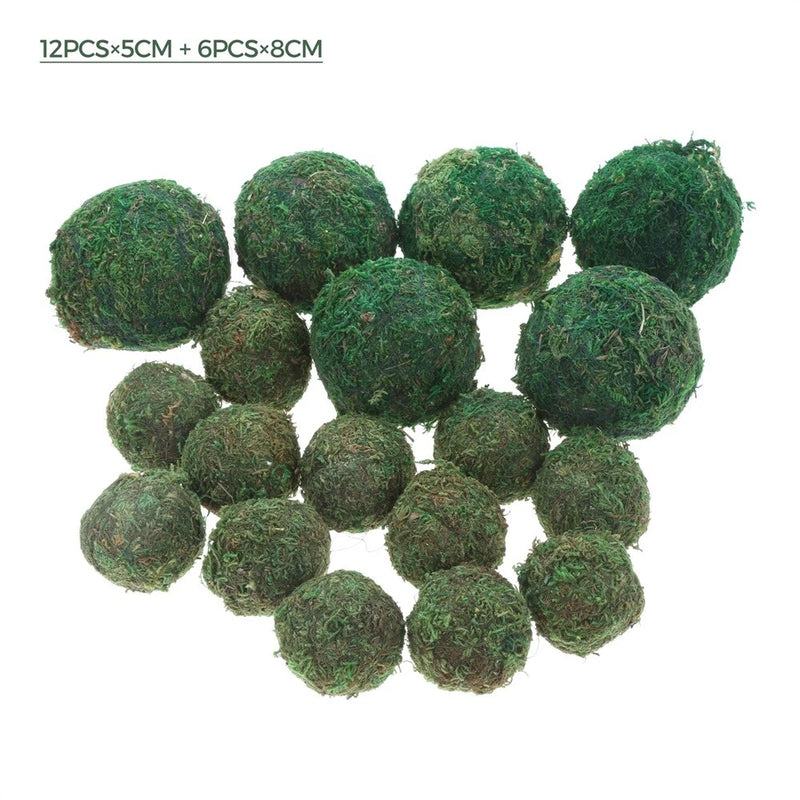 Artificial green faux moss balls set, 18 assorted sizes for home decoration