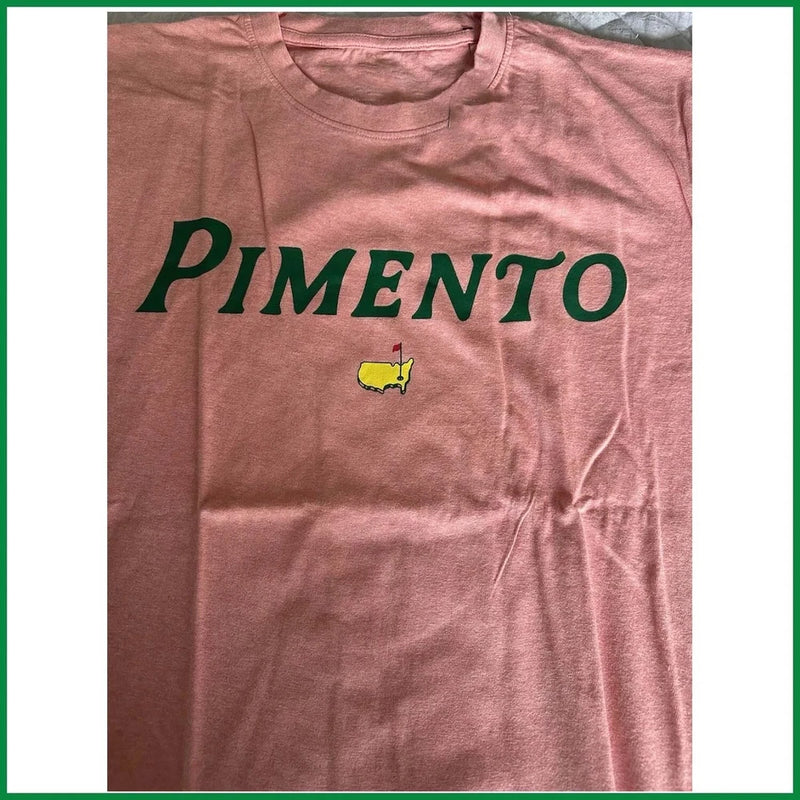 Pink Pimento graphic T-shirt with 'PIMENTO' text and small yellow logo