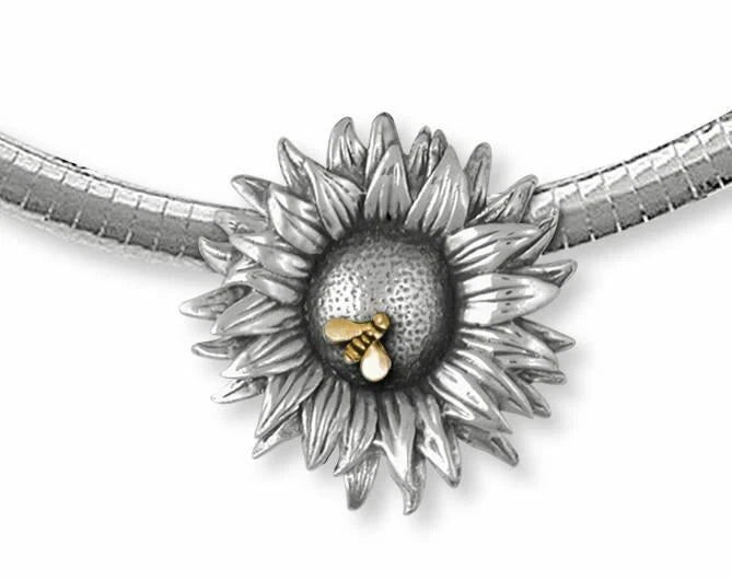 Sunflower pendant necklace, silver with gold center bow detail on chain