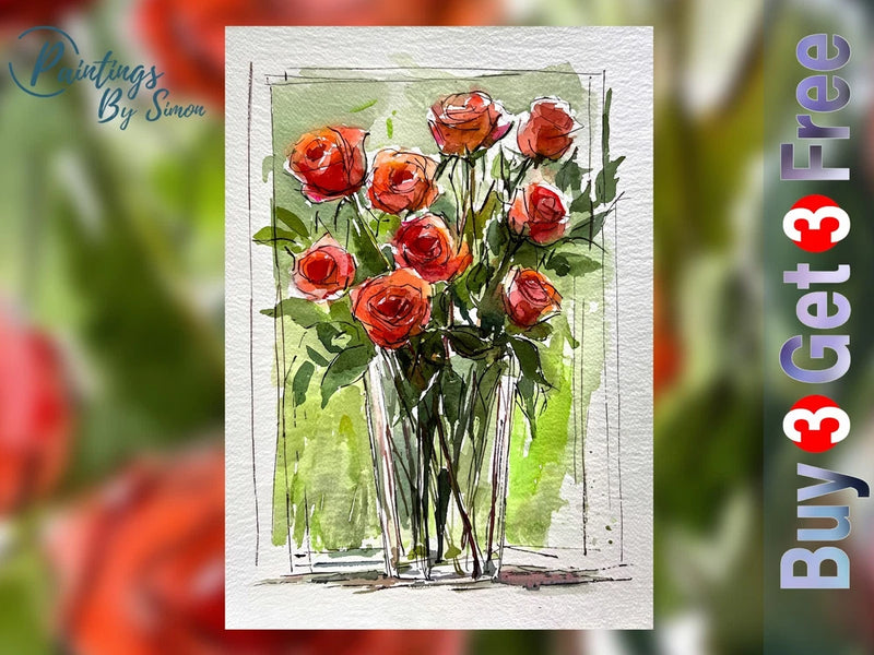 Floral rose bouquet art print on matte paper, red and orange roses in a vase